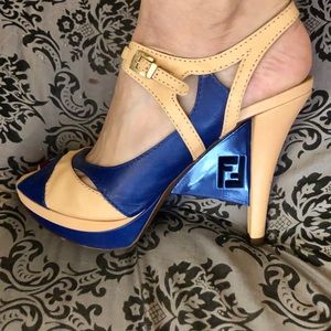 Fendi Blue and tan heeled sandals Authentic